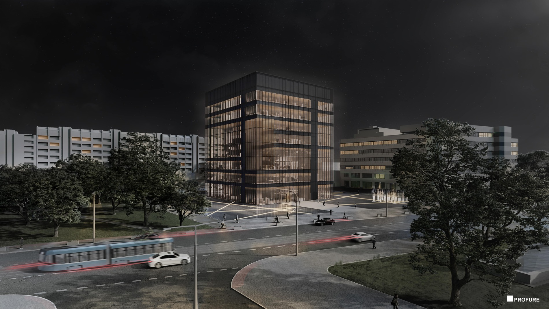 budova černé kostky vizualizace v noci